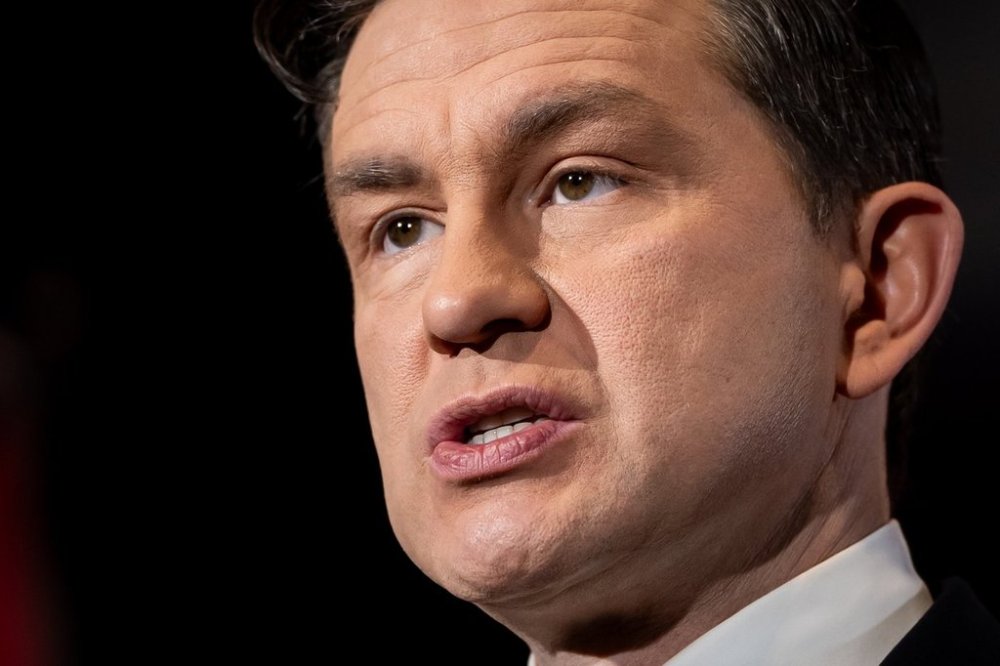 Conservative Leader Pierre Poilievre speaks during a news conference in Vancouver, on Monday, February 3, 2025. Poilievre says a Conservative government would bring in mandatory life sentences for those convicted of trafficking, production and distribution of over 40 mg of fentanyl. THE CANADIAN PRESS/Ethan Cairns