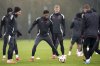 Manchester United's Marcus Rashford, center, during a training session in Manchester, England, Wednesday, Jan. 22, 2025, ahead of the Europa League soccer match between Manchester United and Rangers FC. (Martin Rickett/PA via AP)