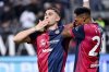 Cagliari's Roberto Piccoli celebrates scoring during the Serie A soccer match between Cagliari and Lazio at the Unipol Domus Stadium in Cagliari, Italy, Monday, Feb. 3, 2025. (Gianluca Zuddas/LaPresse via AP)
