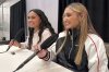 Alyssa Thompson, left, and her younger sister Gisele Thompson (right) speak to the media at the National Women’s Soccer League Media Day at the Beverly Hilton in Beverly Hills, Calif., Friday, Jan. 24, 2025. (AP Photo/Anne M. Peterson)
