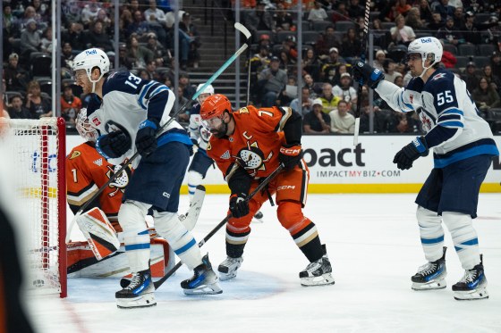 During their last matchup, the Ducks won 3-2 against the Jets. Winnipeg Jets centre Gabriel Vilardi (13) scored a second-period goal against the Ducks Dec. 18. (Kyusung Gong / The Associated Press files)