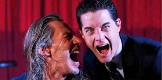 Bob (Frank Silva, left) meets Agent Dale Cooper (Kyle MacLachlan) in the Black Lodge.