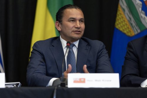 Manitoba Premier Wab Kinew speaks during the media availability at the 2024 Western Premiers’ Conference in Whitehorse, Monday, June 10, 2024. The Manitoba government has ordered a regional health authority to cut the amount of money its spends on private-agency nurses by 15 per cent by March of next year. CANADIAN PRESS/Crystal Schick