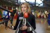 European Union foreign policy chief Kaja Kallas speaks with the media as she arrives for a meeting of EU foreign ministers at the European Council building in Brussels, Monday, Jan. 27, 2025. (AP Photo/Virginia Mayo)