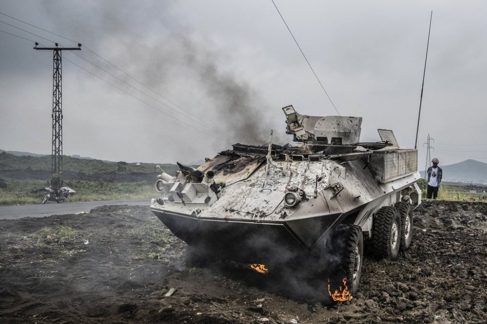 CAPTION CORRECTS YEAR A UN armoured personnel carrier burns during clashes with M23 rebels outside Goma, Democratic Republic of the Congo, Saturday, Jan. 25, 2025. (AP Photo/Moses Sawasawa)