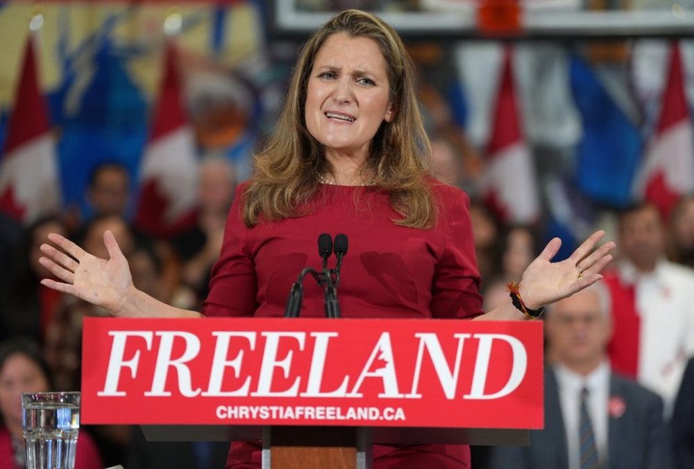 Liberal leadership candidate Chrystia Freeland speaks at a press conference in Toronto on Sunday Jan. 19, 2025. THE CANADIAN PRESS/Frank Gunn