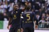 Juventus' Kolo Muani Randal, left, celebrates after scoring the equalizing goal for his team during the Serie A soccer match between Juventus and Empoli at the Juventus Stadium in Turin, Italy, Sunday, Feb. 2, 2024. (Fabio Ferrari/LaPresse via AP)