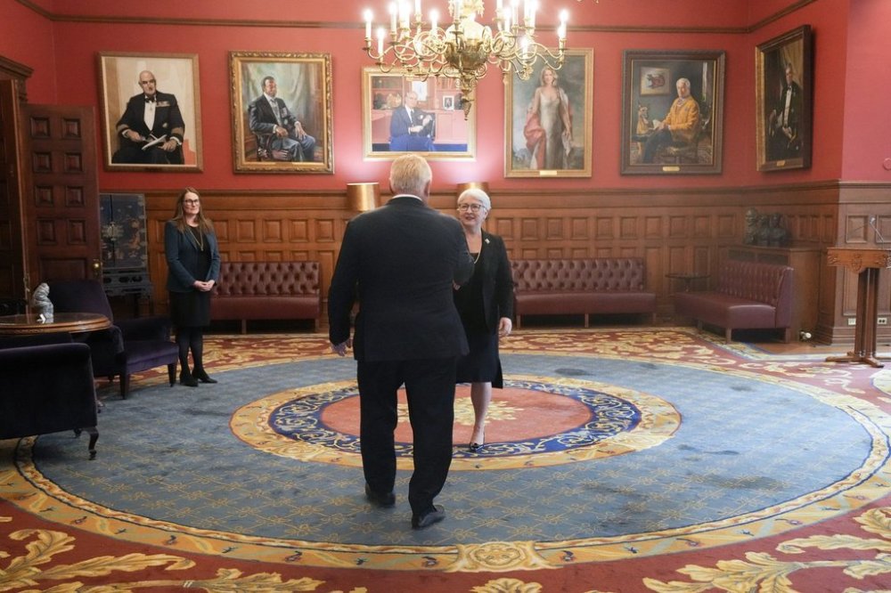 Edith Dumont, the Lieutenant Governor of Ontario, greets Premier Doug Ford as he asks to dissolve Parliament and hold elections, at Queen's Park, the provincial legislature, in Toronto, Tuesday, Jan. 28, 2025. THE CANADIAN PRESS/Chris Young