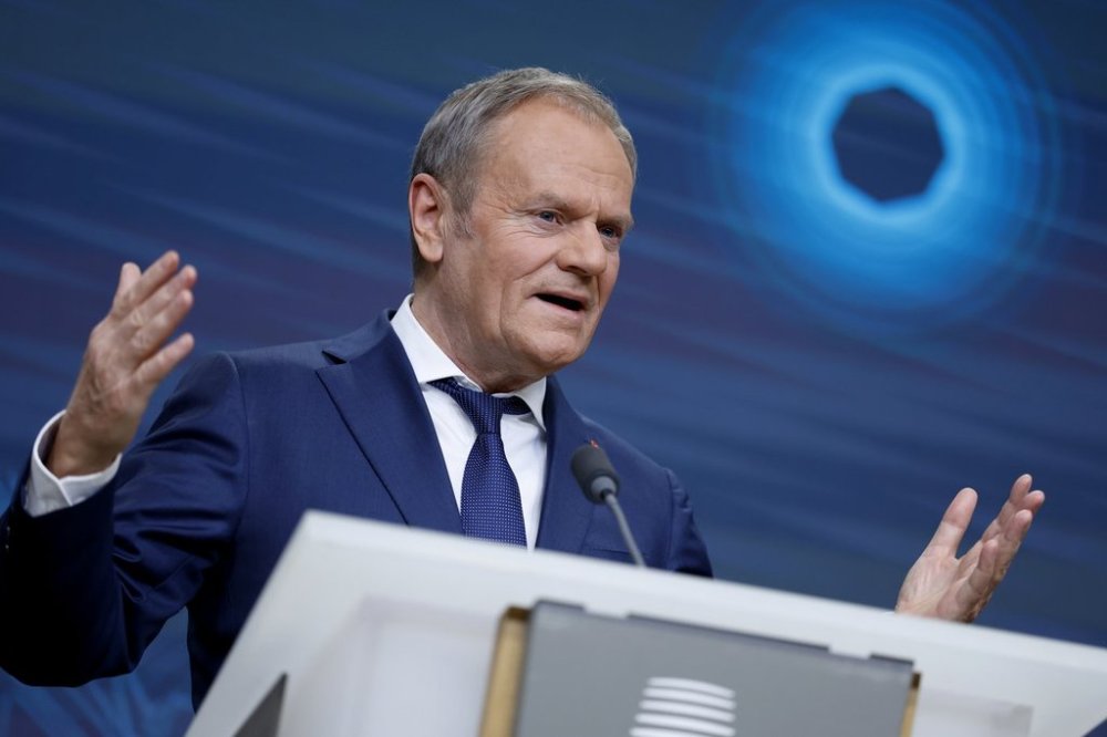 Poland's Prime Minister Donald Tusk addresses a media conference at the end of an EU summit in Brussels, Monday, Feb. 3, 2025. (AP Photo/Omar Havana)