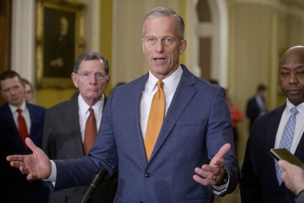 Senate Majority Leader John Thune, R-S.D., center, is joined by Sen. John Barrasso, R-Wyo., left, and Sen. Tim Scott, R-S.C., right, during the Senate Republican policy luncheon press conference at the Capitol, Tuesday, Feb. 4, 2025, in Washington. (AP Photo/Rod Lamkey, Jr.)