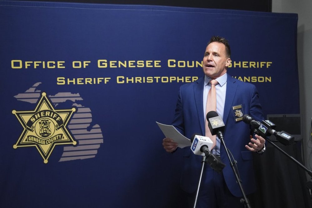 Genesee County Sheriff Chris Swanson talks at a news conference, Jan. 28, 2025 in Flint, Mich. (AP Photo/Paul Sancya)