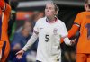 FILE - United States' Jenna Nighswonger reacts during the international friendly women's soccer match between the Netherlands and the United States at the ADO Den Haag Stadium in The Hague, Netherlands, Dec. 3, 2024. (AP Photo/Peter Dejong, File)