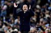Manchester City manager Pep Guardiola reacts during the Champions League opening phase soccer match between Manchester City and Club Brugge at the Etihad Stadium in Manchester, Wednesday, Jan. 29, 2025. (Mike Egerton/PA via AP)