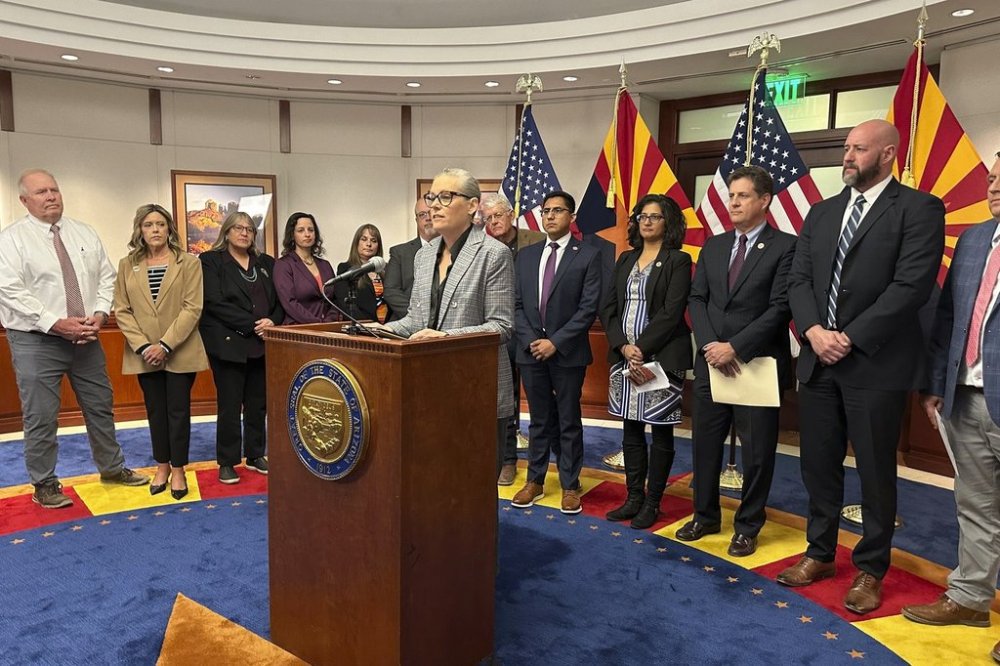 Arizona Gov. Katie Hobbs unveiled her renewed effort to regulate rural groundwater this legislative session Thursday, Jan. 30, 2025, in Phoenix. (AP Photo/Sejal Govindarao)