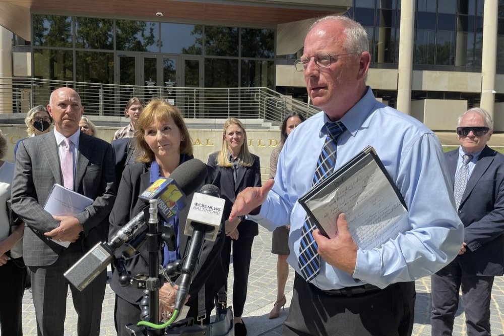 FILE - David Lorenz, the Maryland director of Survivors Network of those Abused by Priests, talks to journalists Tuesday, Sept. 10, 2024, outside of the Supreme Court of Maryland in Annapolis, Md. (AP Photo/Brian Witte, File)