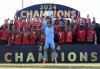 Cavalry FC captain Marco Carducci lifts the North Star Cup after Cavalry FC defeated Forge FC in the Canadian Premier League Final in Calgary, Saturday, November 9, 2024. THE CANADIAN PRESS/Stuart Gradon