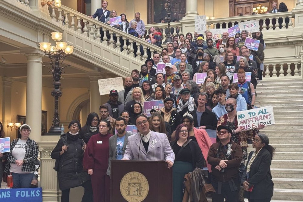 Transgender activists speak at the Georgia Capitol on Jan. 13, 2025 in Atlanta. (AP Photo/Charlotte Kramon)