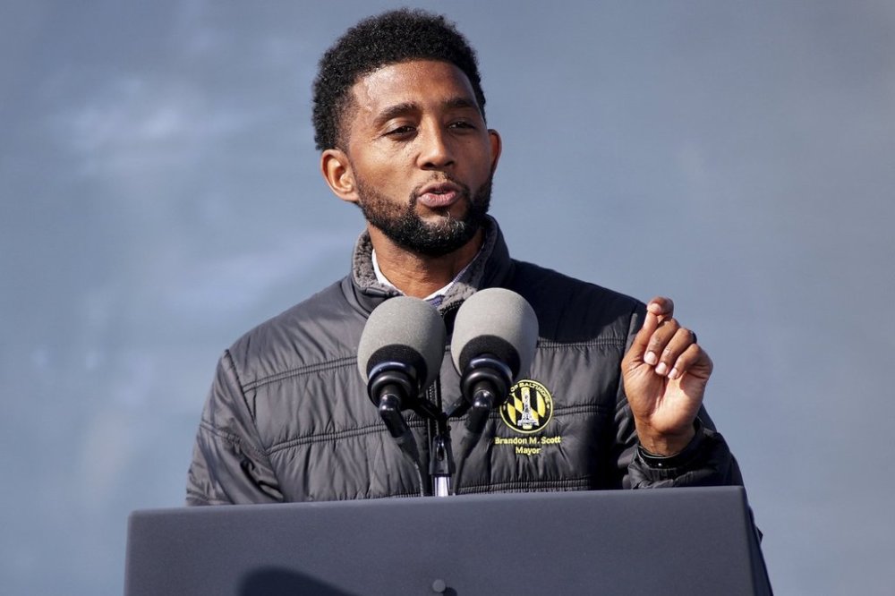 FILE - Baltimore Mayor Brandon M. Scott speaks, Oct. 29, 2024, at the Dundalk Marine Terminal in Baltimore. (AP Photo/Daniel Kucin Jr., File)