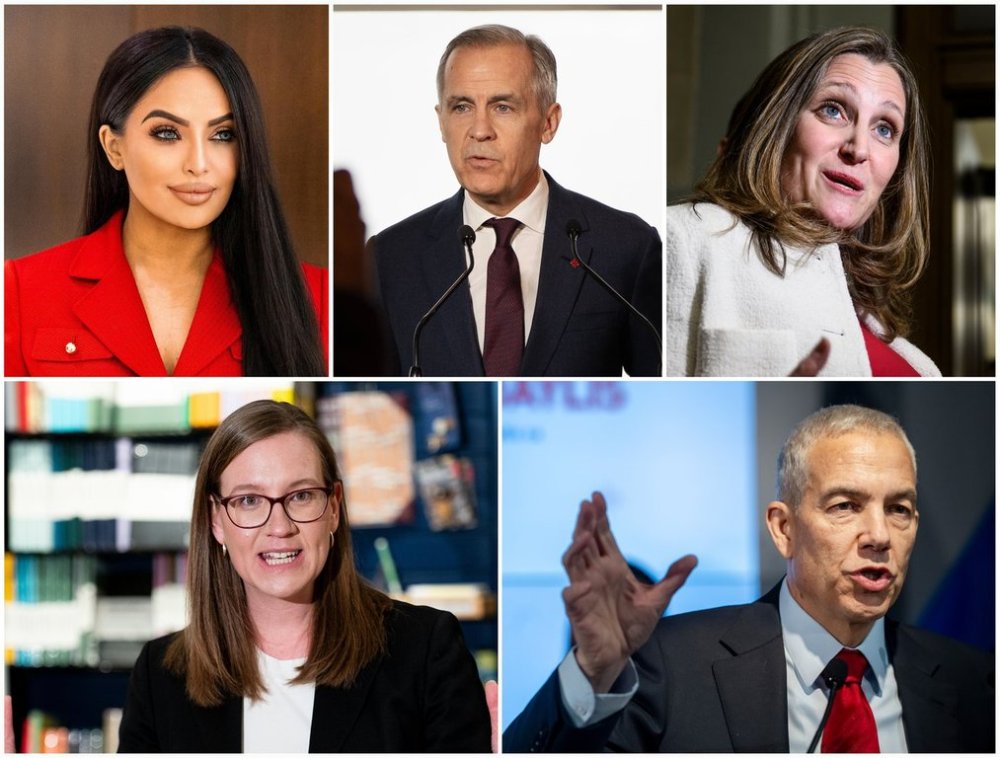 Liberal Party of Canada leadership candidates are shown in a composite image made from a combination of file and handout photos. Top row: Ruby Dhalla in an undated handout photo; Mark Carney in Halifax, Friday, Jan. 31, 2025; Chrystia Freeland in Ottawa, Thursday, Jan. 23, 2025. Bottom row: Karina Gould in Ottawa, Thursday, Jan. 30, 2025; Frank Baylis in Montreal, Thursday, Jan. 30, 2025. THE CANADIAN PRESS/HO, Darren Calabrese, Justin Tang, Spencer Colby, Peter McCabe