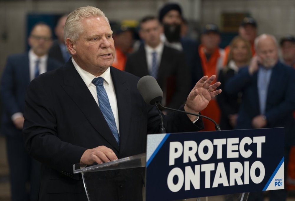 Progressive Conservative Leader Doug Ford speaks from the podium during a visit to Walker Construction in St. Catharines, Ont. on Friday, January 31, 2025. THE CANADIAN PRESS/Peter Power