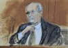 In this courtroom sketch, Salman Rushdie testifies on the witness stand gesturing how the attacker slashed his throat when he was attacked at the Chautauqua Institute, during the trial of Hadi Matar, in Chautauqua County court, in Mayville, N.Y., Tuesday, Feb. 11, 2025. (Elizabeth Williams via AP)
