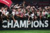 Vancouver Whitecaps' Ryan Gauld, front centre, prepares to hoist the Voyageurs Cup after Vancouver defeated Toronto FC on penalty kicks during the Canadian Championship final soccer match in Vancouver on September 25, 2024. THE CANADIAN PRESS/Darryl Dyck