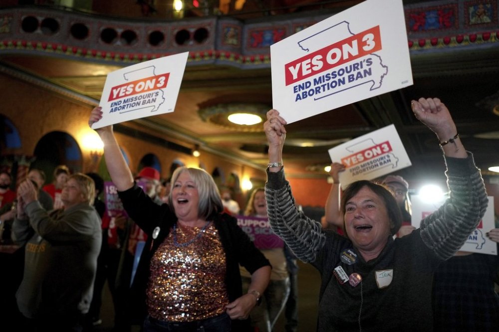 FILE - People at a election night watch party react after an abortion rights amendment to the Missouri constitution passed on Nov. 5, 2024, in Kansas City, Mo. (AP Photo/Charlie Riedel, File)