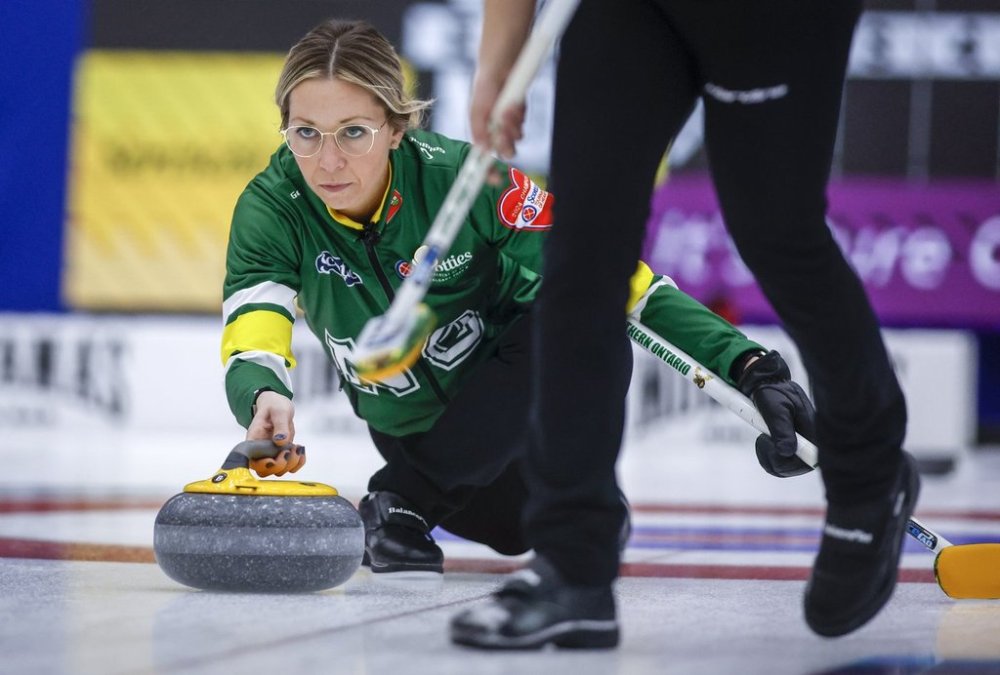 Team Northern Ontario skip Krista McCarville makes a shot at the Scotties Tournament of Hearts in Calgary, Saturday, Feb. 17, 2024. THE CANADIAN PRESS/Jeff McIntosh