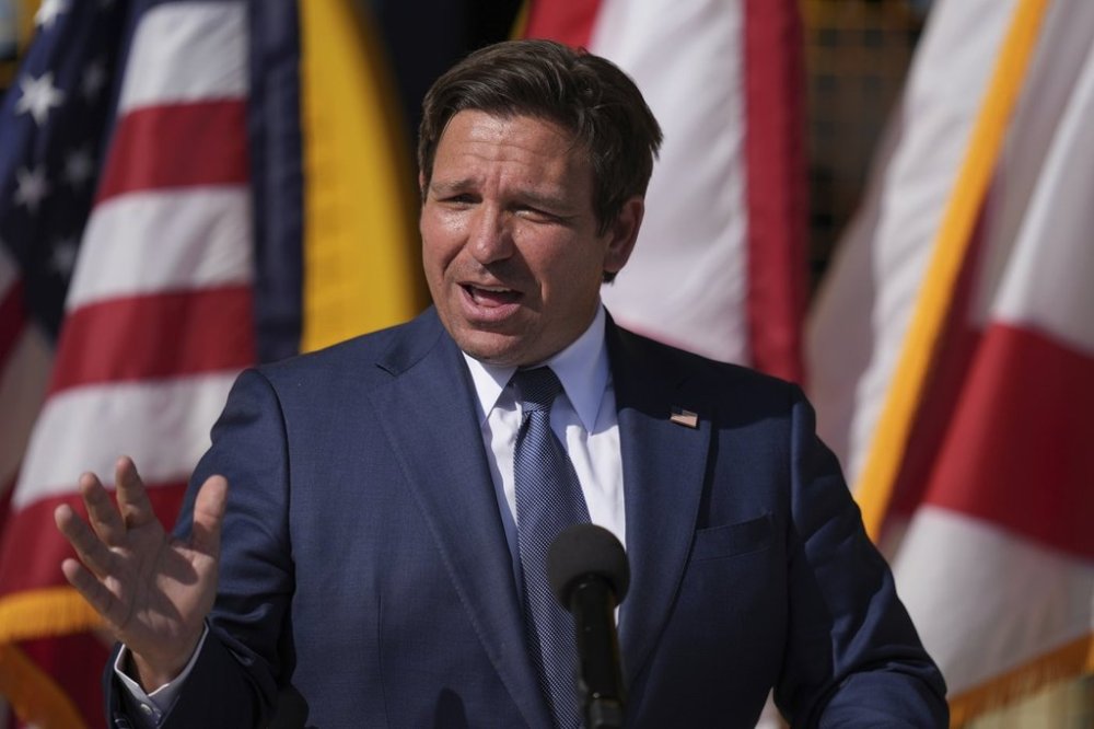 Florida Gov. Ron DeSantis speaks at a press conference at Florida International University's Wall of Wind, Wednesday, Feb. 5, 2025, in Miami. (AP Photo/Rebecca Blackwell)
