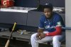 Toronto Blue Jays' Vladimir Guerrero Jr. sits in the dugout before a baseball game against the Miami Marlins in Toronto, Sunday, Sept. 29, 2024. Guerrero Jr. told reporters in Dunedin, Fla. that he and the team have not reached an agreement on a contract extension.THE CANADIAN PRESS/Chris Young