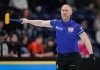 Alberta-Jacobs skip Brad Jacobs directs his teammates while playing Saskatchewan-Kleiter during the Brier, in Kelowna, B.C., on Tuesday, March 4, 2025. THE CANADIAN PRESS/Darryl Dyck