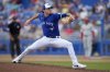 Toronto Blue Jays pitcher Hayden Juenger throws during the sixth inning of a spring training baseball game against the Philadelphia Phillies Thursday, Feb. 29, 2024, in Dunedin, Fla. THE CANADIAN PRESS/AP, Charlie Neibergall
