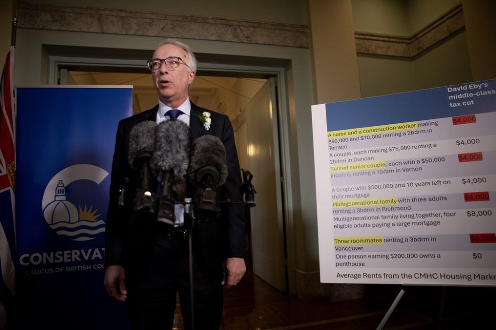 B.C. Conservative Leader John Rustad speaks to reporters following the throne speech at the legislature in Victoria, Tuesday, Feb. 18, 2025. THE CANADIAN PRESS/Chad Hipolito