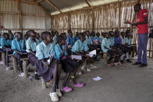 South Sudan refugee children attend a class in Juba, South Sudan Wednesday, Feb. 12, 2025. (AP Photo/Brian Inganga)