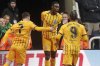 Brighton and Hove Albion's Danny Welbeck, centre, celebrates with teammates after scoring their side's second goal during the FA Cup fifth round match between Newcastle United and Brighton and Hove Albion at St James' Park, Newcastle, England, Sunday, March 2, 2025. (Owen Humphreys/PA via AP)