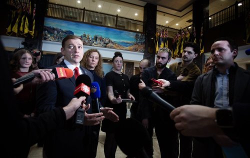Newfoundland and Labrador Premier Andrew Furey talks to media after a news conference in St.John's, Feb. 25, 2025. THE CANADIAN PRESS/Paul Daly