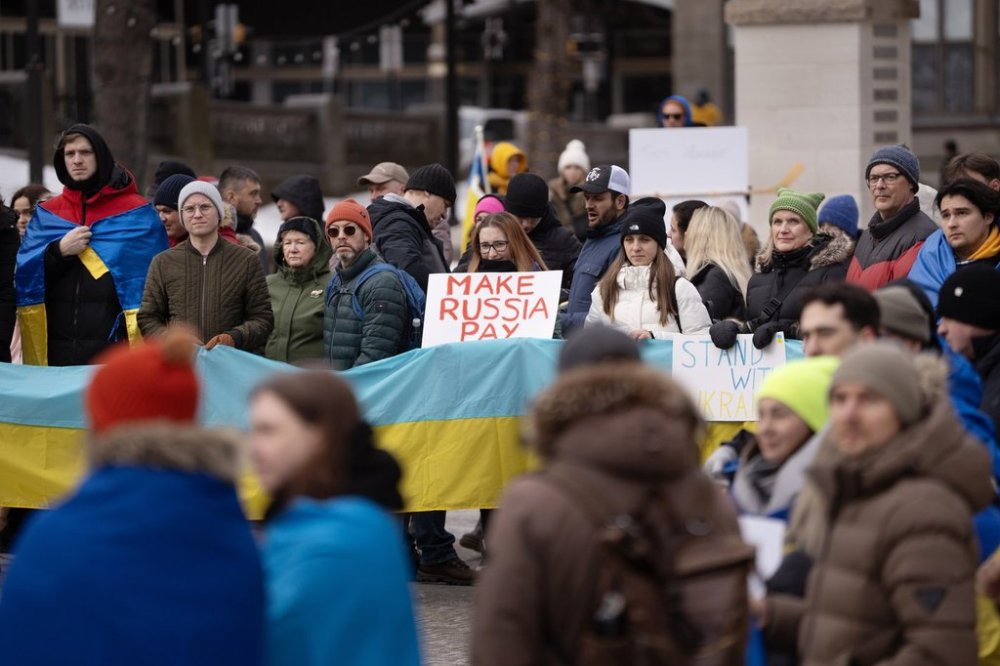 Demonstrators take part in a rally in Halifax on Sunday, Feb. 23, 2025 during a global day of action marking the 3rd anniversary of Russia’s invasion of Ukraine. THE CANADIAN PRESS/Darren Calabrese