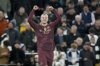Manchester City's Erling Haaland celebrates after scoring his side's first goal during the English Premier League soccer match between Tottenham Hotspur and Manchester City at Tottenham Hotspur Stadium in London, Wednesday, Feb. 26, 2025. (AP Photo/Frank Augstein)