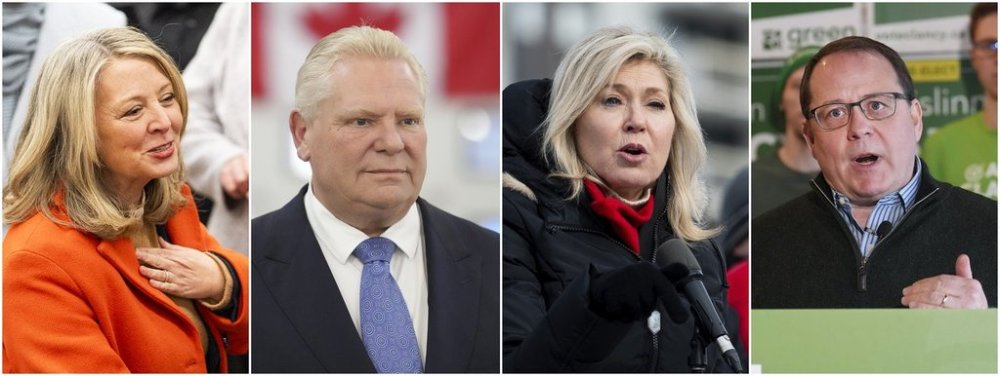 A composite image made from four file photographs show, from left to right, Ontario NDP Leader Marit Stiles in Toronto, Saturday, Feb. 1, 2025; Ontario Progressive Conservative Party Leader Doug Ford in Pickering, Ont., Wednesday, Feb. 5, 2025; Ontario Liberal Party Leader Bonnie Crombie in Ottawa, Sunday, Feb. 2, 2025; and Ontario Green Party Leader Mike Schreiner in Kitchener, Ont., Monday, Feb. 3, 2025. THE CANADIAN PRESS/Andrew Lahodynskyj, Chris Young, Spencer Colby, Nathan Denette