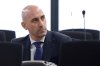 FILE - The former president of Spain's soccer federation Luis Rubiales sits in a courtroom on the outskirts of Madrid, Monday Feb. 3, 2025 where he goes on trial for his unsolicited kiss on forward Jenni Hermoso. (Chema Moya, Pool photo via AP, File)