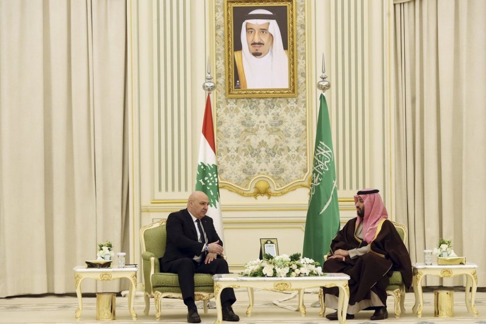 In this photo released by the Lebanese Presidency press office, Lebanese President Joseph Aoun, left, meets with Saudi's Crown Prince Mohammed bin Salman at the Royal Palace in Riyadh, Saudi Arabia, Monday, March 3, 2025. (Lebanese Presidency press office via AP)