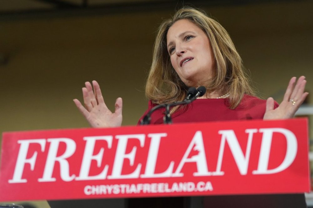 Former finance minister Chrystia Freeland speaks at a press conference in Toronto on Sunday, Jan. 19, 2025. Freeland is vowing to scrap Canada's consumer carbon pricing in favour of something else. THE CANADIAN PRESS/Frank Gunn