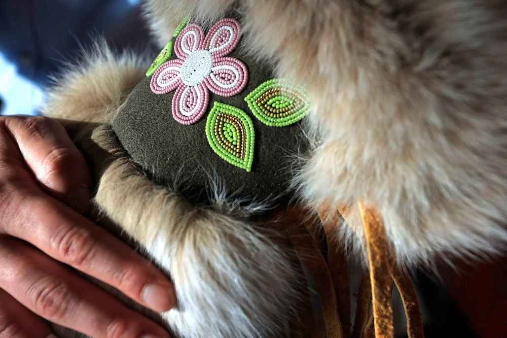 A beaded gauntlet, created by Rhonda Chartrand, one many works of Indigenous artists for sale at Manitobah. (Ruth Bonneville / Free Press)