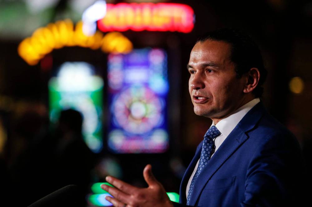 JOHN WOODS / FREE PRESS
                                Manitoba premier Wab Kinew outlines the province’s latest response to money laundering at its casinos, Monday.
