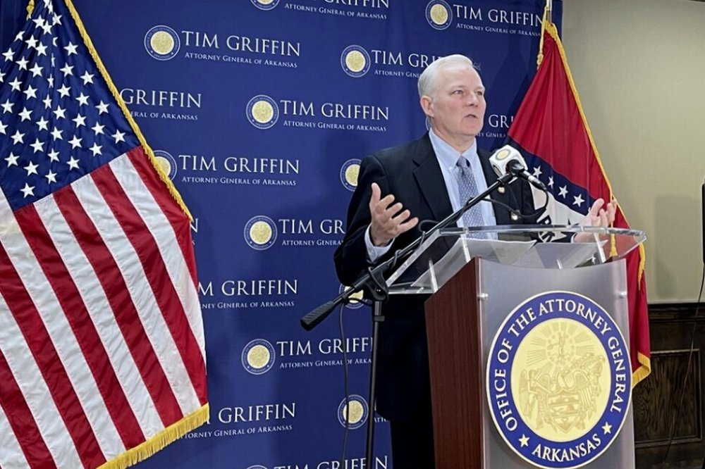 FILE - Arkansas Attorney General Tim Griffin speaks at a news conference in downtown Little Rock, Ark., on Monday, Sept. 30, 2024.(AP Photo/Andrew DeMillo, File)