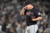 FILE - Cleveland Guardians starting pitcher Alex Cobb reacts after walking New York Yankees' Anthony Volpe during the third inning in Game 1 of the baseball AL Championship Series Monday, Oct. 14, 2024, in New York. (AP Photo/Godofredo Vásquez, File)
