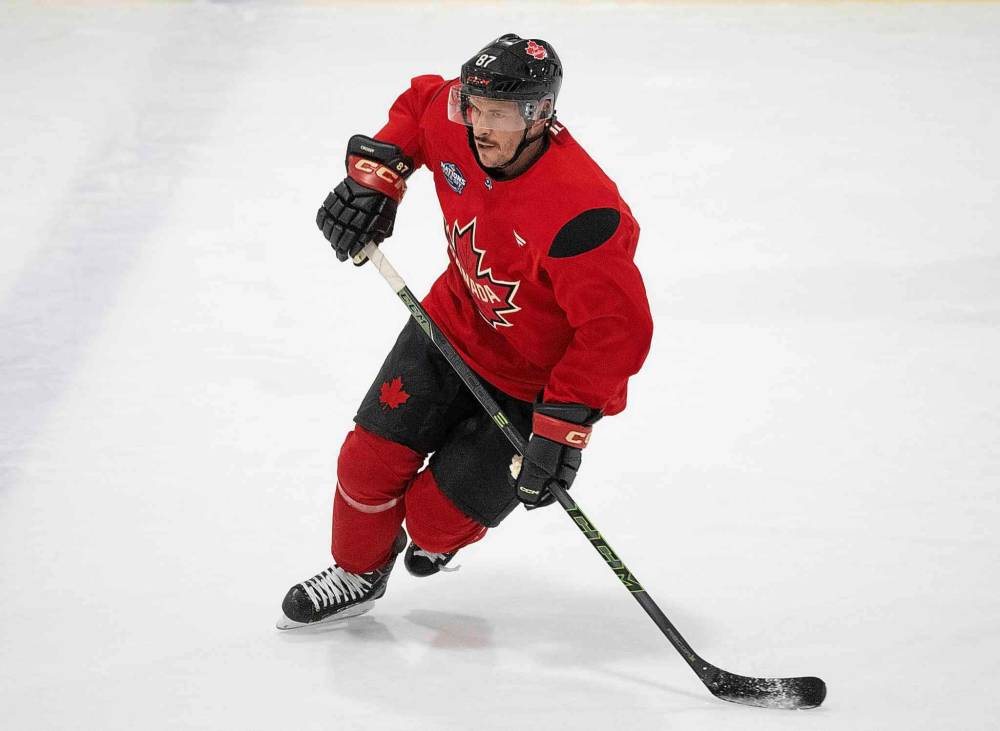 Canada’s Sidney Crosby skates during 4 Nations Face-Off hockey practice in Montreal on Monday. Canada will face Sweden on February 12. (Christinne Muschi/The Canadian Press)