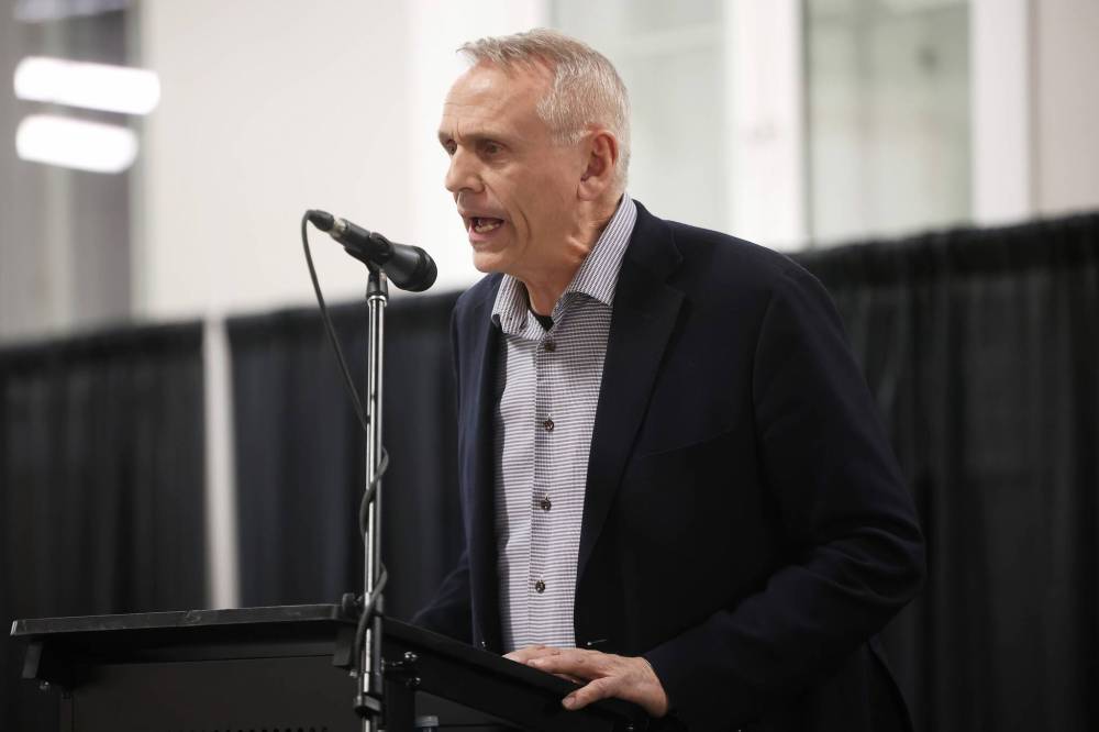 Progressive Conservative Party of Manitoba leadership candidate Wally Daudrich during a debate against Obby Khan in Brandon on Wednesday evening. (Tim Smith / The Brandon Sun)