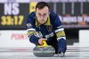 Nova Scotia skip Owen Purcell delivers a rock while playing Northwest Territories at the Montana's Brier in Kelowna, B.C., on Thursday, March 6, 2025. THE CANADIAN PRESS/Darryl Dyck