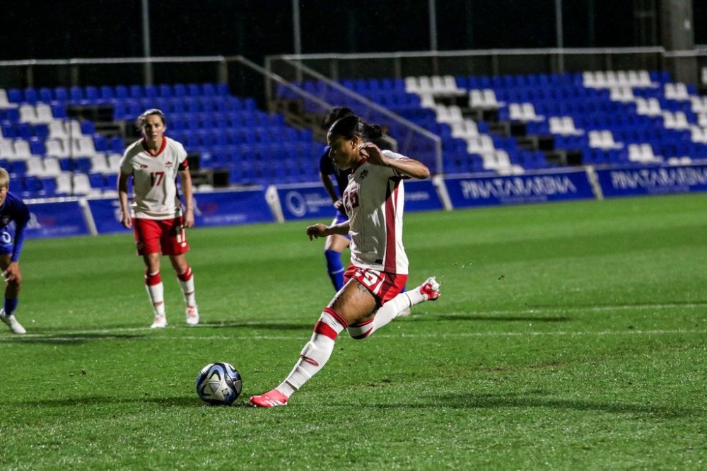 Canada's Mimi Alidou adds the final score to her hat-trick from the penalty spot, in a 7-0 Canada win over Taiwan in Pinatar Cup women's soccer action in Murcia, Spain, in a Tuesday, Feb. 25, 2025, handout photo. THE CANADIAN PRESS/HO-Canada Soccer, Audrey Magny, *MANDATORY CREDIT*